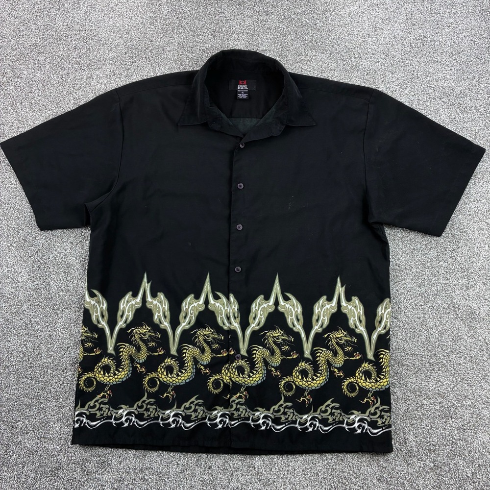 Vintage Y2K Emergency Exit Dragon Tribal Shirt Mens XL Black Button Down Grunge